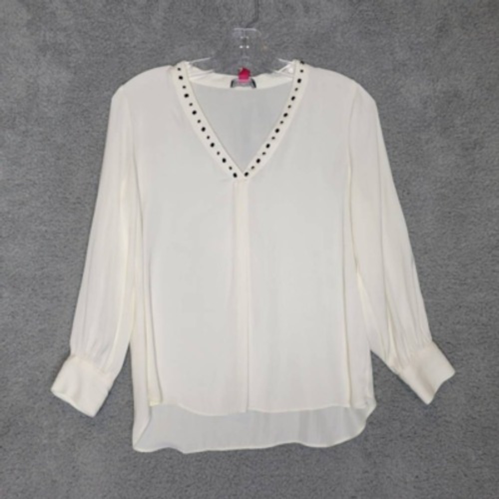 Vince Camuto Shirt Womens Blouse Ivory Studded V Neck Petites XS New
